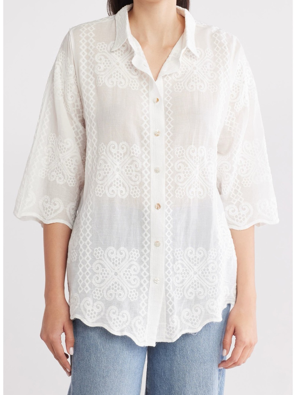 Forgotten Grace Floral Embroidered Three-Quarter Sleeve Cotton Button-Up Shirt